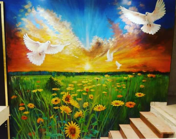 Landscape and doves wall mural by Liger Art